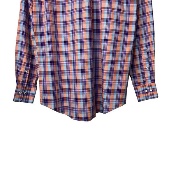 Peter Millar Mens Large Button Down Dress Shirt Plaid Orange Blue White - Picture 8 of 10